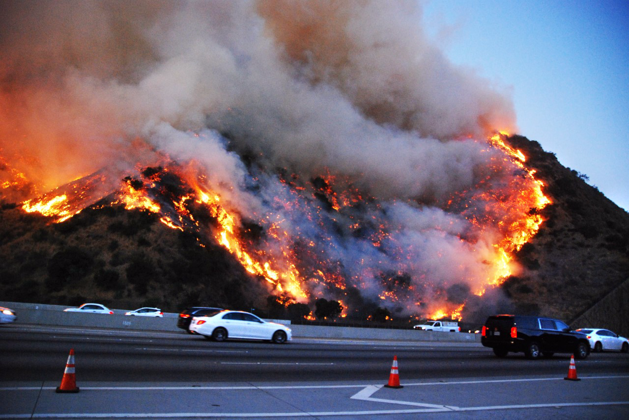 Wildfire burning on a hillside next to the 405 freeway.