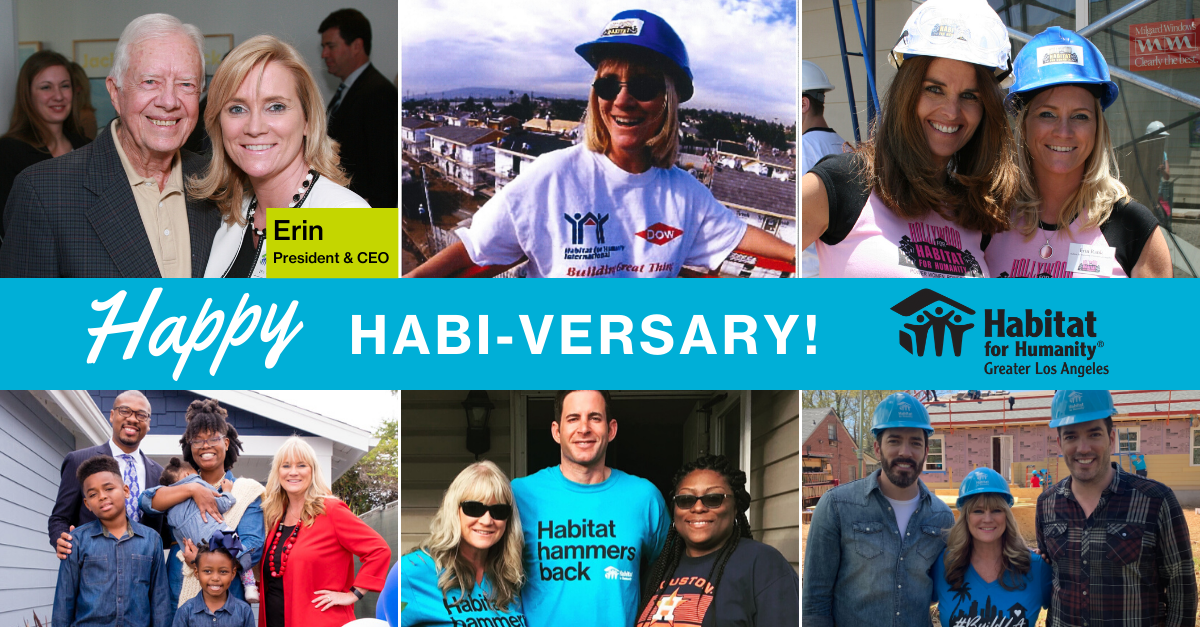 6 photos of Habitat LA President and CEO, Erin Rank, smiling for a photo with various people over the years.