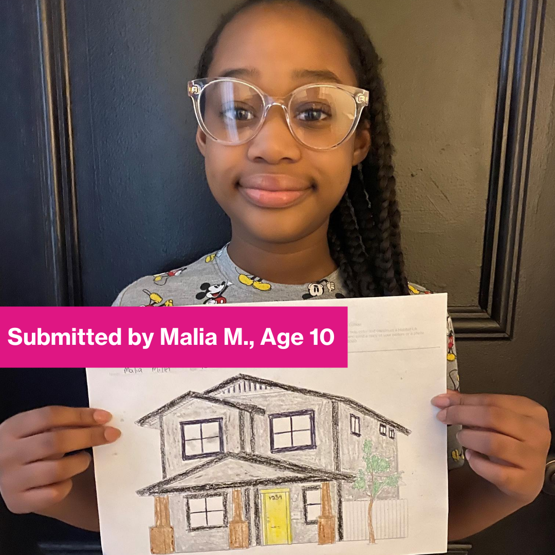 Colors and Construct contestant holding her drawing.