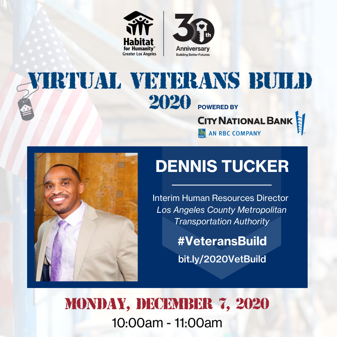 Graphic for Dennis Tucker, panel speaker for 2020 Veterans Build